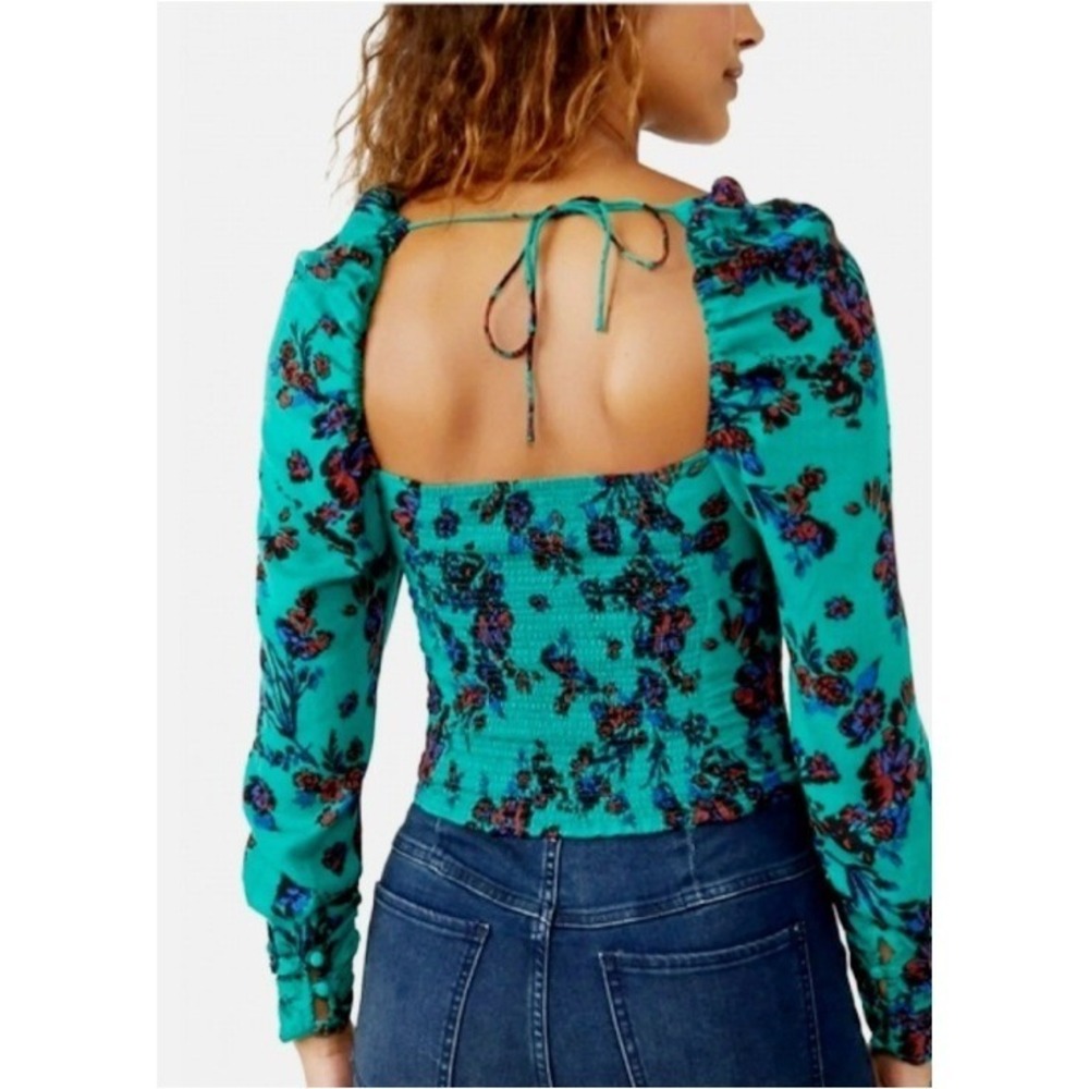 Free People Crop Top Womens XS Teal‎ Floral Ruched Smocked Long Sleeve Boho